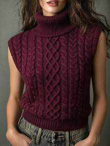 SHEIN Women's Solid Color High Neck Casual Daily Wear Knit Vest - Red Violet - View 5