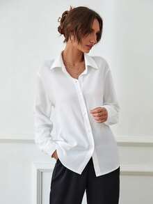 RosyDaze Solid Button Front Shirt,Long Sleeve Tops Fall Cloth For Women - White - View 6