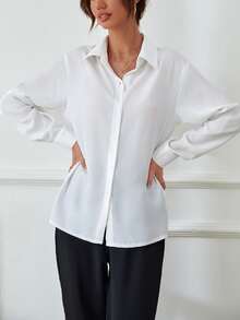 RosyDaze Solid Button Front Shirt,Long Sleeve Tops Fall Cloth For Women - White - View 5