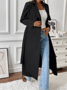 SHEIN Women's Casual Double-Breasted Mid-Length Trench Coat Fall Winter Cloth For Women - Black - View 1