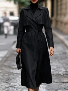 SHEIN Women's Casual Double-Breasted Mid-Length Trench Coat Fall Winter Cloth For Women - Black - View 3