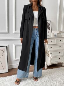 SHEIN Women's Casual Double-Breasted Mid-Length Trench Coat Fall Winter Cloth For Women - Black - View 4