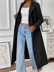 SHEIN Women's Casual Double-Breasted Mid-Length Trench Coat Fall Winter Cloth For Women - Black - View 6