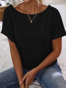 SHEIN Batwing Sleeve Solid Tee - Black - View 7