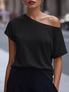 SHEIN Batwing Sleeve Solid Tee - Black - View 3
