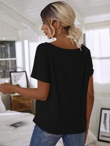 SHEIN Batwing Sleeve Solid Tee - Black - View 2