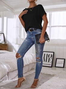 SHEIN Batwing Sleeve Solid Tee - Black - View 6