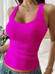 SHEIN Sexy Chic Knit Racerback Crop Top - Rose Red - View 7