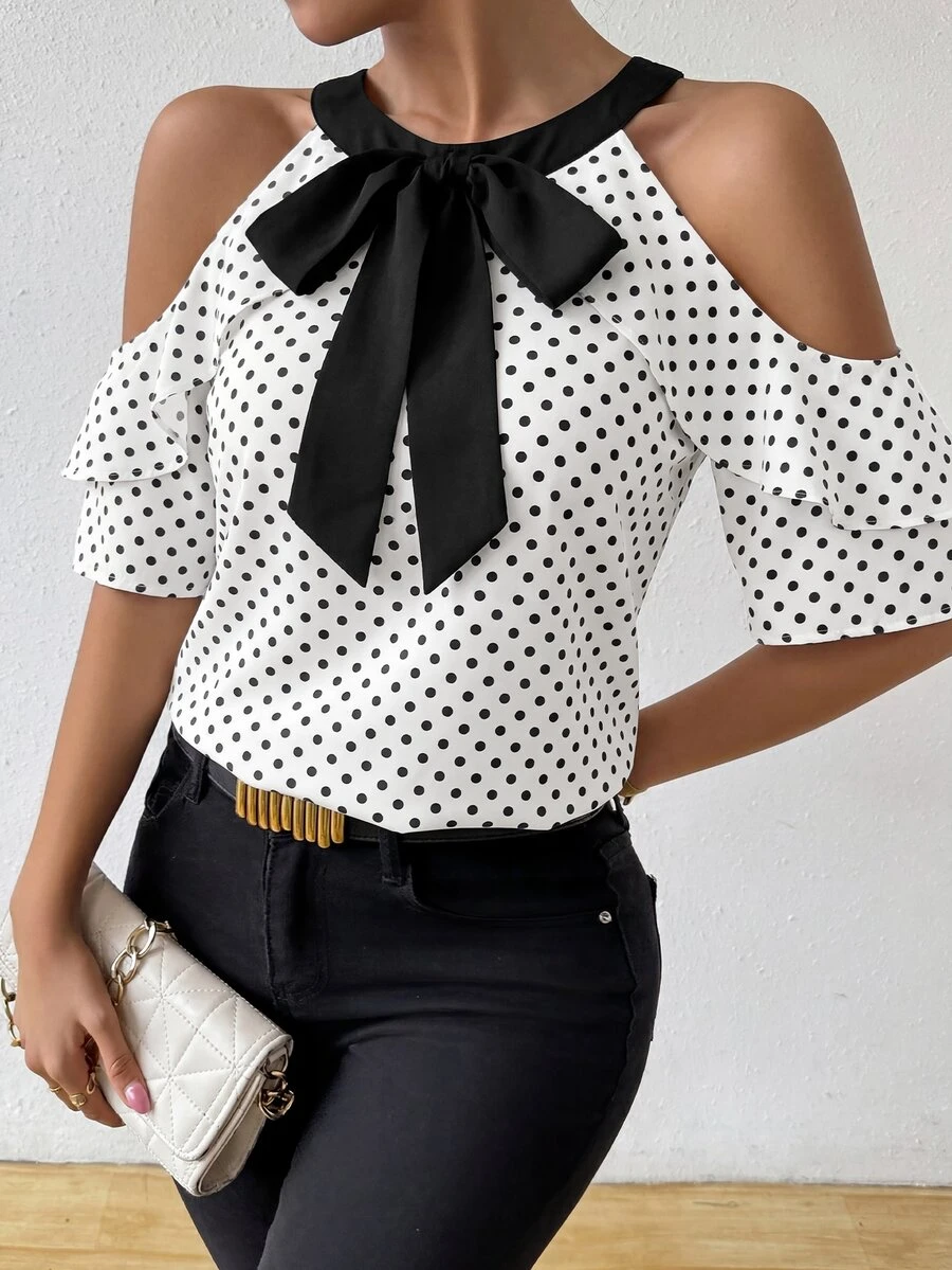 SHEIN White And Black Polka Dot Halter Cold Shoulder Blouse, Contrast Big Bow At Neck, Double Ruffle Short Sleeves, Retro Cute Elegant Brunch Dinner Summer - White - View 1