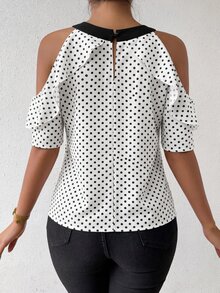 SHEIN White And Black Polka Dot Halter Cold Shoulder Blouse, Contrast Big Bow At Neck, Double Ruffle Short Sleeves, Retro Cute Elegant Brunch Dinner Summer - White - View 2