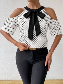 SHEIN White And Black Polka Dot Halter Cold Shoulder Blouse, Contrast Big Bow At Neck, Double Ruffle Short Sleeves, Retro Cute Elegant Brunch Dinner Summer - White - View 7