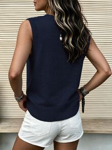 SHEIN Women's Autumn Winter Navy Blue Round Neck Knit Vest, Vintage Chinese Knot Button Sleeveless Cardigan, Elegant Casual Top For Daily Wear & Streetwear - Navy Blue - View 3