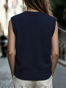 SHEIN Women's Autumn Winter Navy Blue Round Neck Knit Vest, Vintage Chinese Knot Button Sleeveless Cardigan, Elegant Casual Top For Daily Wear & Streetwear - Navy Blue - View 5