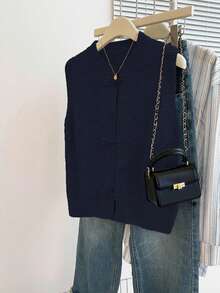 SHEIN Women's Autumn Winter Navy Blue Round Neck Knit Vest, Vintage Chinese Knot Button Sleeveless Cardigan, Elegant Casual Top For Daily Wear & Streetwear - Navy Blue - View 6