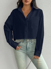 SHEIN 休闲纯色落肩短款衬衫 - 寶藍色 - 查看 9