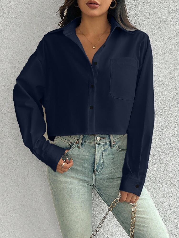 SHEIN Women's Navy Blue Autumn Casual Everyday Solid Color Drop Shoulder Cropped Button Down Shirt,Fall Long Sleeve Button Up Crop Top Shirt For Women - Royal Blue - View 9