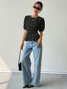 Ritzy Row Women's Polka Dot Print Puff Sleeve Shirt, Comfortable And Stylish For Commuting And Outdoor Wear, Spring/Summer - Black - View 10