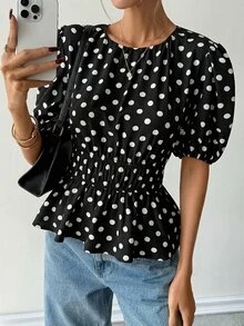 Ritzy Row Women's Polka Dot Print Puff Sleeve Shirt, Comfortable And Stylish For Commuting And Outdoor Wear, Spring/Summer - Black - View 7