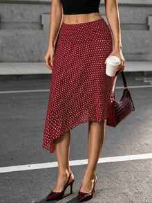 Ritzy Row Elegant Versatile Slimming Polka Dot Skirt - Burgundy - View 3