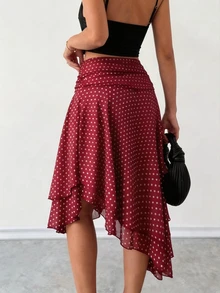 Ritzy Row Elegant Versatile Slimming Polka Dot Skirt - Burgundy - View 5