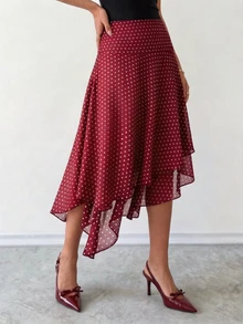 Ritzy Row Elegant Versatile Slimming Polka Dot Skirt - Burgundy - View 7