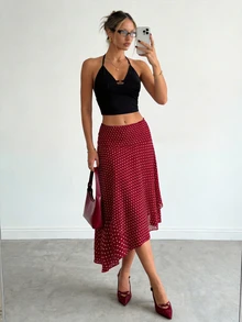 Ritzy Row Elegant Versatile Slimming Polka Dot Skirt - Burgundy - View 4