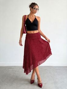 Ritzy Row Elegant Versatile Slimming Polka Dot Skirt - Burgundy - View 9