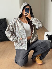 Coolane 女款男款大尺碼秋季街頭風復古休閒樹枝圖案寬鬆長袖保暖連帽衛衣夾克沙灘灰萬聖節 - 彩色 - 查看 8