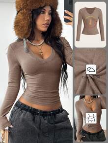 Coolane Women's Plus Size Fall Streetwear Básica Casual Traditional Daily Wear Elegant Formal Vacation Chocolate Brown Warm Knit V-Neck Long Sleeve T-Shirt - Khaki - View 3