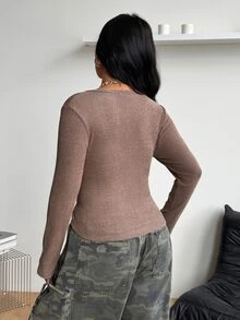 Coolane Women's Plus Size Fall Streetwear Básica Casual Traditional Daily Wear Elegant Formal Vacation Chocolate Brown Warm Knit V-Neck Long Sleeve T-Shirt - Khaki - View 4