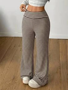 Coolane Women's Plus Size Fall Formal Home Wear Casual 80s Streetwear Straight Leg Pants Brown Striped Sweatpants Lounge Beach Evening - Coffee Brown - View 2