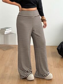 Coolane Women's Plus Size Fall Formal Home Wear Casual 80s Streetwear Straight Leg Pants Brown Striped Sweatpants Lounge Beach Evening - Coffee Brown - View 6