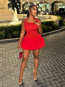 Zolique Women's Summer Sexy Solid Color Backless Halter Bubble Hem Mini Dress For New Year Clothes - Red - View 2