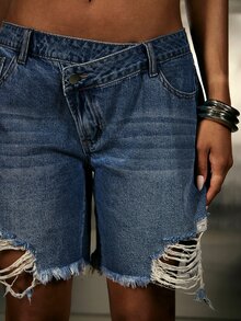 Denimoi Distressed Denim Bermuda Shorts Fashion Summer Cool Girl Streetwear Everyday Wear Denim Jorts - Dark Wash - View 2