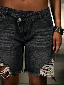 Denimoi Distressed Denim Bermuda Shorts Fashion Summer Cool Girl Streetwear Everyday Wear Denim Jorts - Black - View 2