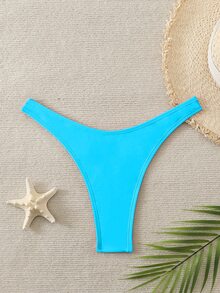 SHEIN Swim 纯色高腰紧身比基尼泳裤 - 藍色 - 查看 3