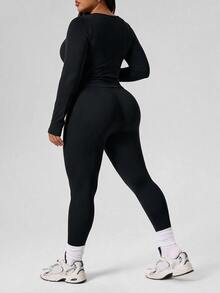 Rhythm Era Women's Plus Size Long Sleeve Top And Leggings Sports Set - Black - View 2