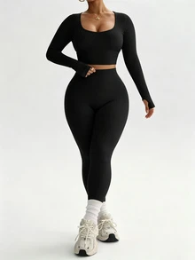 Rhythm Era Women's Plus Size Long Sleeve Top And Leggings Sports Set - Black - View 4