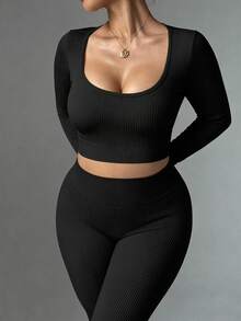 Rhythm Era Women's Plus Size Long Sleeve Top And Leggings Sports Set - Black - View 3