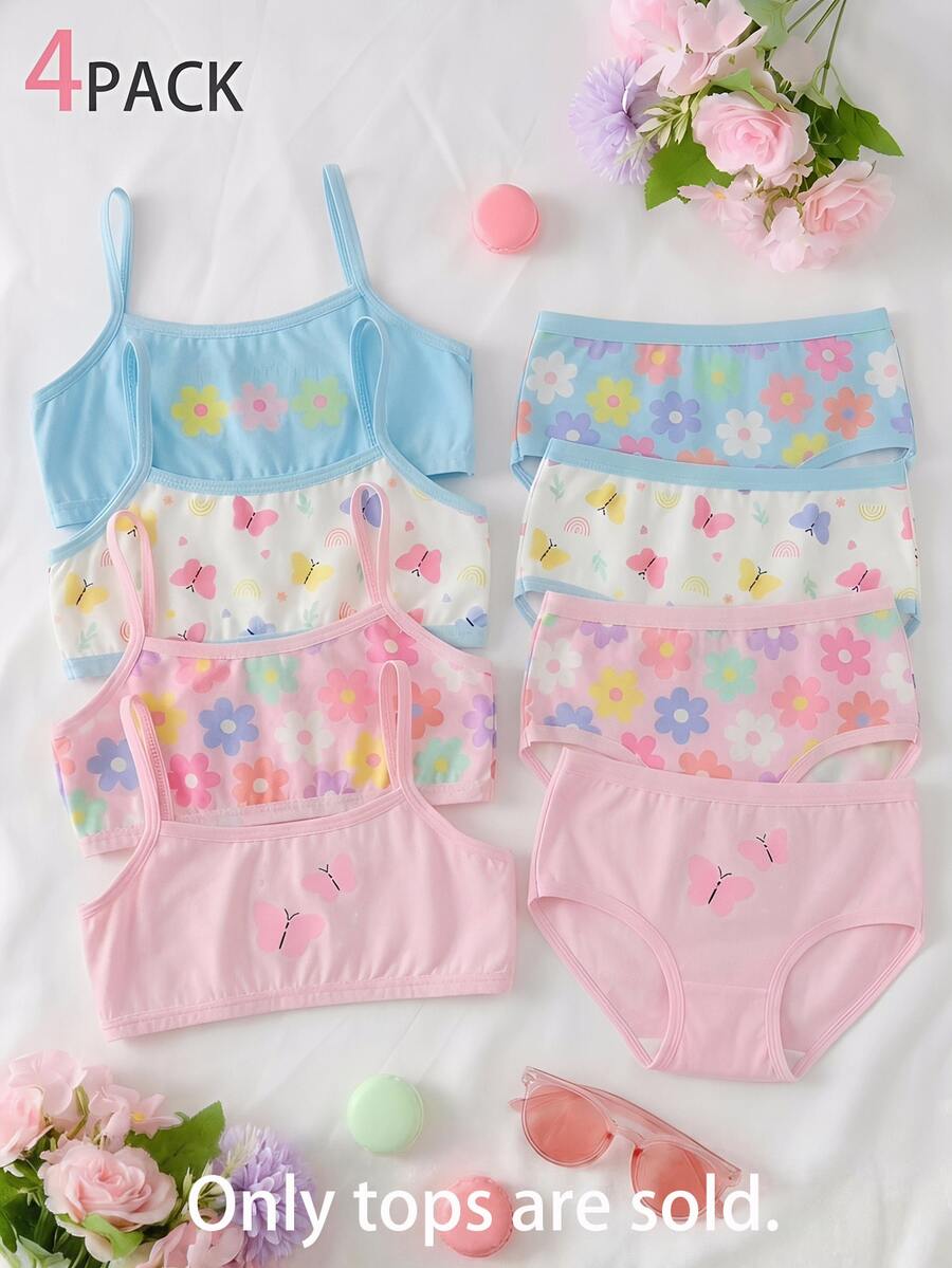 4件組女童幼兒無袖背心內搭衫,嬰兒粉色,花卉向日葵蝴蝶圖案印花,柔軟底層上衣,秋季禮物,嬰兒藍色 - 彩色 - 查看 1