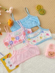 4件組女童幼兒無袖背心內搭衫，嬰兒粉色，花卉向日葵蝴蝶圖案印花，柔軟底層上衣，秋季禮物，嬰兒藍色 - 彩色 - 查看 2