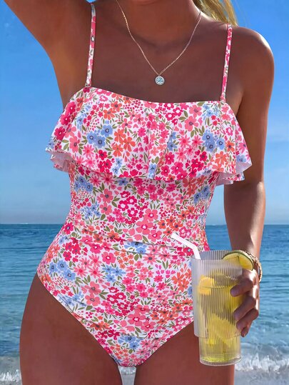 SHEIN Swim Women's One-Piece Tropical Cute Multicolor Print Hot-Selling Beach Vacation Casual Elegant Valentine's Day Party Bikini One-Piece Swimsuit Women's Holiday Elegant Beach Outfit Swimwear
