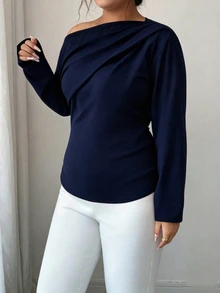 Elenzga 大尺碼女款純色不對稱領長袖抓皺襯衫，海軍藍，適合早午餐、辦公室、秋季、商務休閒、優雅秋季穿搭 - 藏蓝色 - 查看 3
