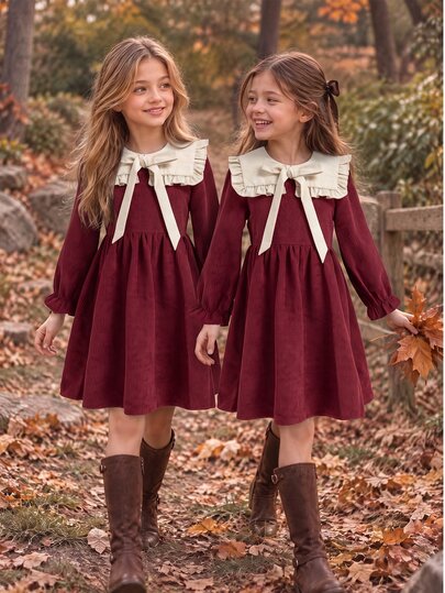SHEIN Vintaside Kids Young Girls Corduroy Long Sleeve Dress, Burgundy Peter Pan Collar Ruffle A-Line Sundress With Big Bow, Vintage Autumn Outfits For Toddler Kids