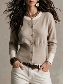 SHEIN Women's Cropped Round Neck Knit Cardigan, White, Metal Clasp, Drop-Shoulder Slim Waist Pullover For Office Brunch Daily Wear, Autumn/ French Elegant - Khaki - View 3