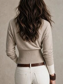 SHEIN Women's Cropped Round Neck Knit Cardigan, White, Metal Clasp, Drop-Shoulder Slim Waist Pullover For Office Brunch Daily Wear, Autumn/ French Elegant - Khaki - View 2