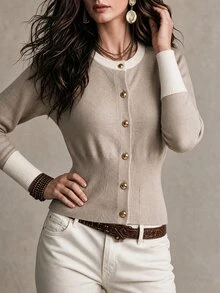 SHEIN Women's Cropped Round Neck Knit Cardigan, White, Metal Clasp, Drop-Shoulder Slim Waist Pullover For Office Brunch Daily Wear, Autumn/ French Elegant - Khaki - View 6