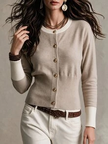 SHEIN Women's Cropped Round Neck Knit Cardigan, White, Metal Clasp, Drop-Shoulder Slim Waist Pullover For Office Brunch Daily Wear, Autumn/ French Elegant - Khaki - View 5