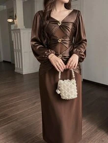 Feyla Women's Fashion Party Metal Decor Twisted Knot Dress - Brown - View 6