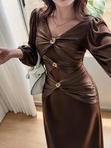 Feyla Women's Fashion Party Metal Decor Twisted Knot Dress - Brown - View 4